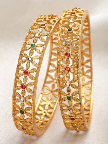 Karatcart Gold Plated Floral Design Multicolor Stone Studded Bangles for Women
