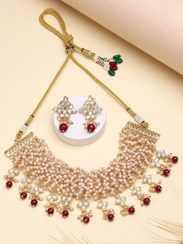 Karatcart Ethnic Pearl Chain Beaded Red Beads Kundan Choker Necklace Set for Women