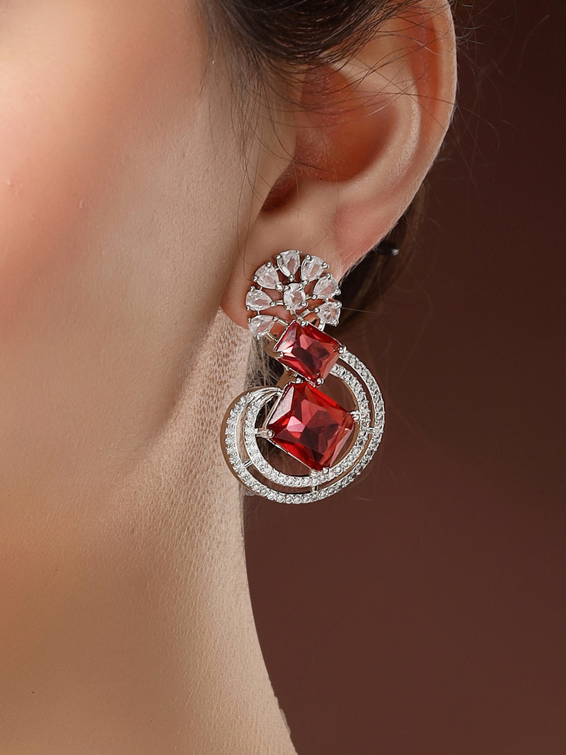 Karatcart Modern Red American Diamond Design Silver-Plated Stud Earrings for Women