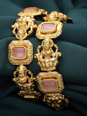 Karatcart Gold Plated Set of 2 Pink and Lime Green Stone Laxmi Mata Bangles for Women