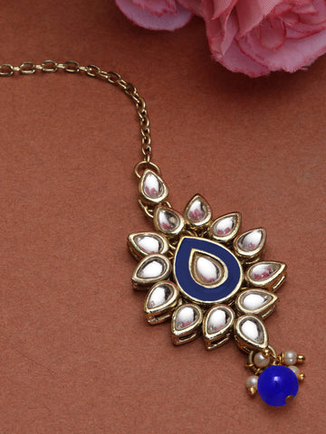 Karatcart Gold Plated Blue Meena Kundan Maangtikka for Women