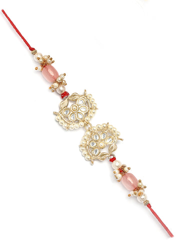 Karatcart Gold Plated Pink Tumble Kundan Bhiya Rakhi with Roli & Chawal