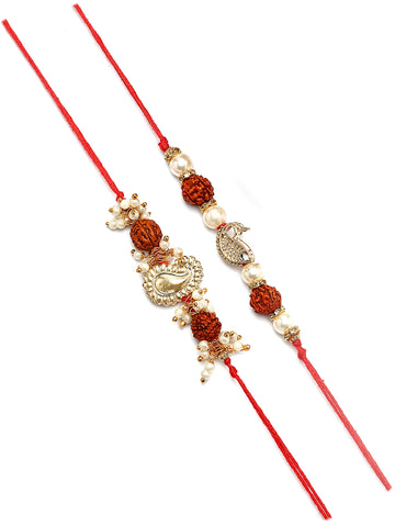 Karatcart Set of 4 Red Carved Stone and Rudraksha Kundan Rakhi for Brother with Roli & Chawal