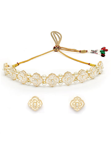 Karatcart Gold Plated White Enamel Pearl Choker Necklace Set for Women
