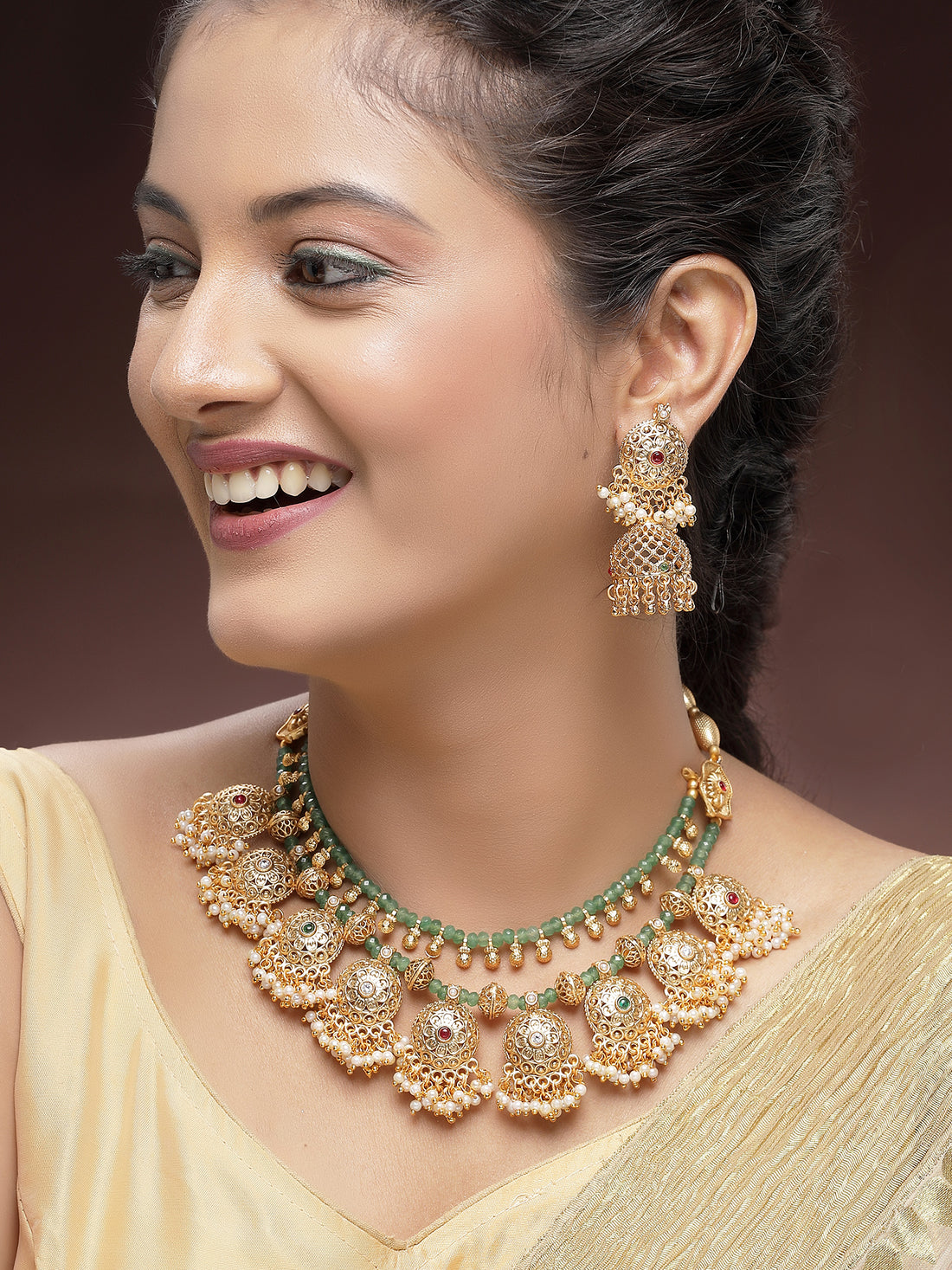KARATCART Traditional Gold Plated Green Crystal Multilayer Temple Jewellery Set for Women
