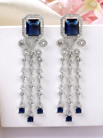 Karatcart Luxurious Blue American Diamond Stone Drop Earrings in Silver Plating for Women