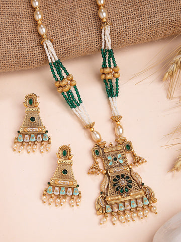 Karatcart Gold-Plated Green Floral Enamel Rani Haar Necklace Set for Women