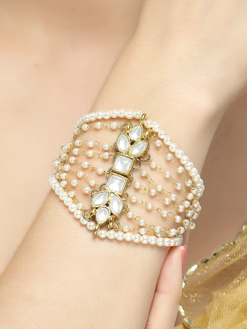 Karatcart Gold Plated Pearl Chain Kundan Bracelet for Women