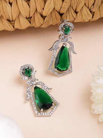 Karatcart Elegant Silver-Plated Angelic Drop Design Green American Diamond Drop Earrings for Women