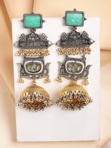 Karatcart Designer Oxidized Silver & Gold Plated Green Carved Stone Long Dual Tone Jhumka Earrings