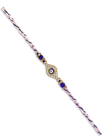 Karatcart Gold Plated Blue American Diamond Evil Eye Bhiya Rakhi with Roli & Chawal