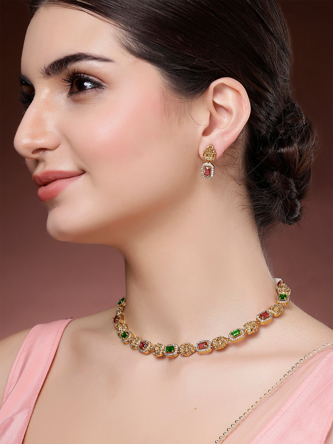 Karatcart Karatcart Traditional Red and Green American Diamond Temple Jewellery Set for Women