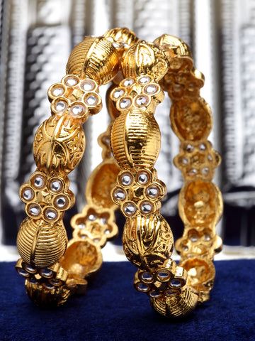Karatcart Gold Plated Set of 2 Kundan Temple Bangles for Women