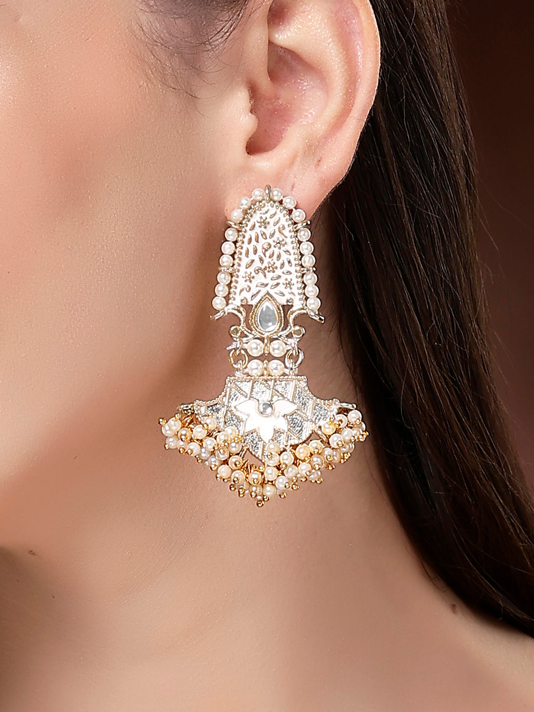 Karatcart Elegant White Meenakari and Pearl Dangler Earrings with Gold Finish