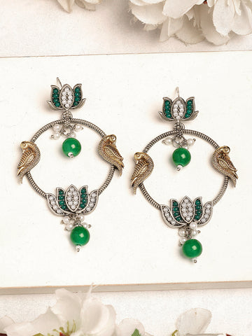 Karatcart Oxidised Silver Green Lotus Tribal Drop Earrings for Women