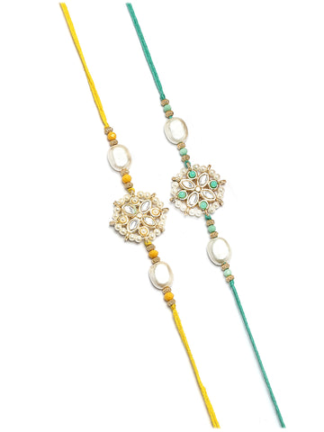 Karatcart Set of 4 Floral Design Kundan Rakhi for Brother with Roli & Chawal
