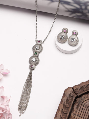 Karatcart Oxidised Silver Red and Green Stone Pendant Set for Women