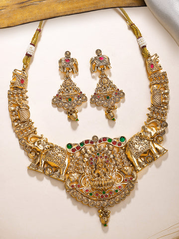 KARATCART Traditional Gold-Plated South Indian Laxmi Mata Motif Temple Jewellery Set for Women