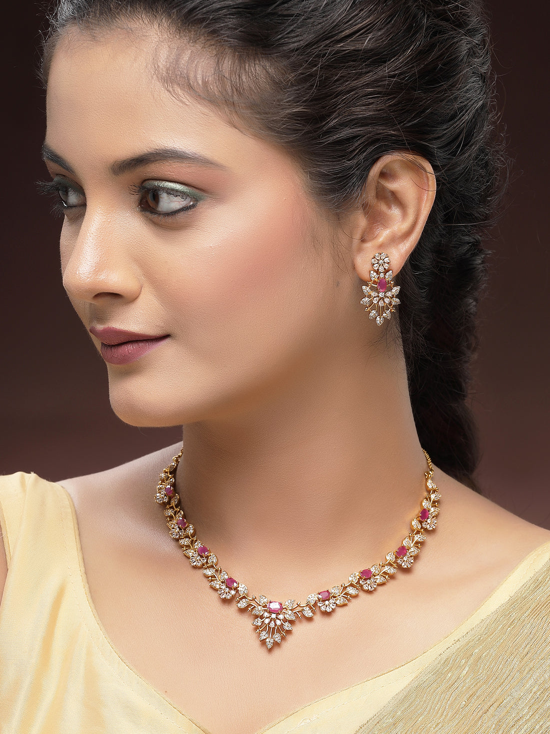 KARATCART Designer Gold-Plated Red American Diamond Floral Jewellery Set for Women