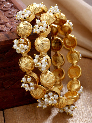 Karatcart Gold Plated Pearl Studded Floral Rajwadi Temple Bangles Set for Women