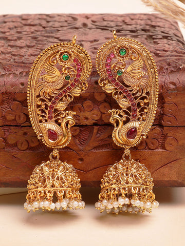 Karatcart Traditional Gold-Plated Red Stones Peacock Design Jhumka Earrings with Pearls for Women