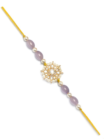Karatcart Gold Plated Purple Beads Floral Kundan Bhiya Rakhi with Roli & Chawal