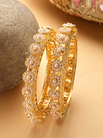 Karatcart Set of 2 White Pearl Studded Gold Plated Bangles for Women
