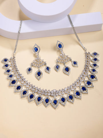 Karatcart Luxurious Blue Drop American Diamond Silver Plated Necklace Set for Women