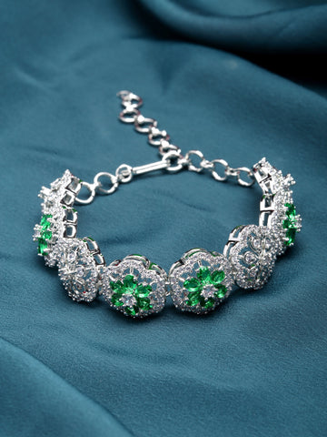 Karatcart Silver Tone Green Cubic Zirconia Studded Bracelet for Women