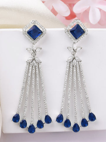 Karatcart Elegant Blue and White American Diamond Fan-Shaped Drop Earrings