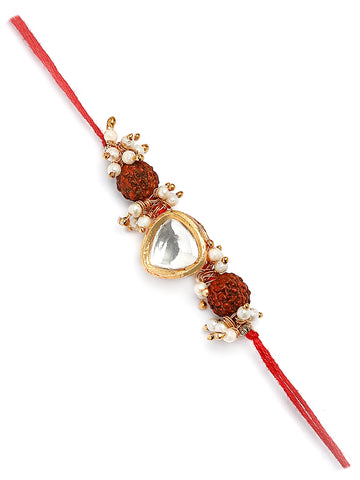 Karatcart Gold Plated Polki Kundan Rudraksha Studded Bhiya Rakhi with Roli & Chawal