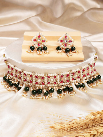 Karatcart Red Stone Green Beads Kundan Choker Necklace Set for Women