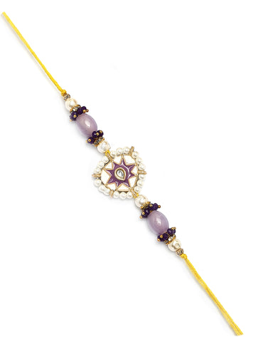 Karatcart Gold Plated Purple Meena Kundan Bhiya Rakhi with Roli & Chawal
