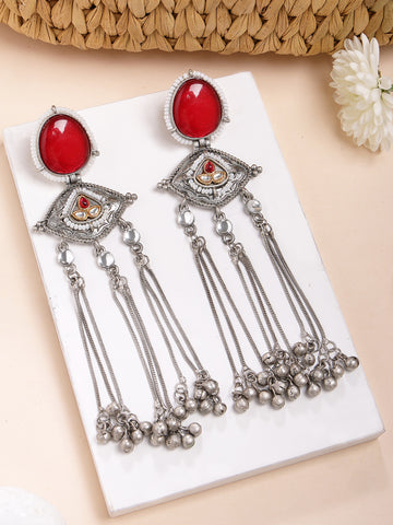 Karatcart Elegant Red Stone Oxidized Silver Eye Shape Drop Earrings with Long Chain Tassels