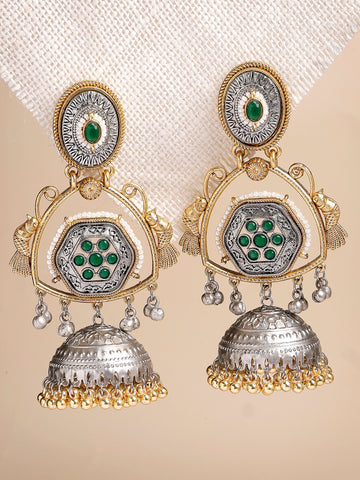 Karatcart Designer Oxidized Silver and Gold Plated Green Stone Dual-Tone Jhumka Earrings