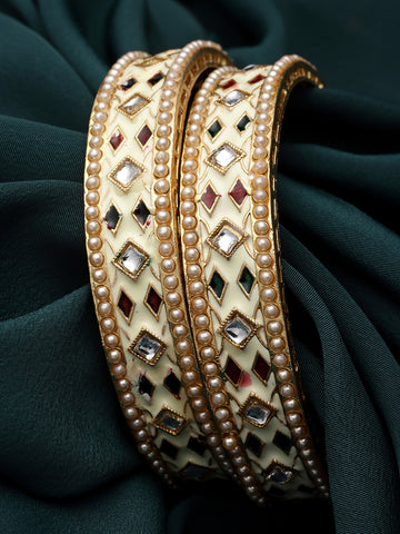 Karatcart Gold Plated White Meena Bangles Set for Women