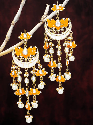 Karatcart Gold Plated Orange Meena Lotus Design Kundan Dangler Earring for Women