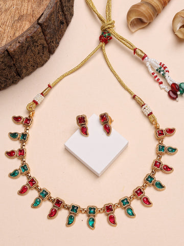 Karatcart Red and Green Stone Necklace Set for Women