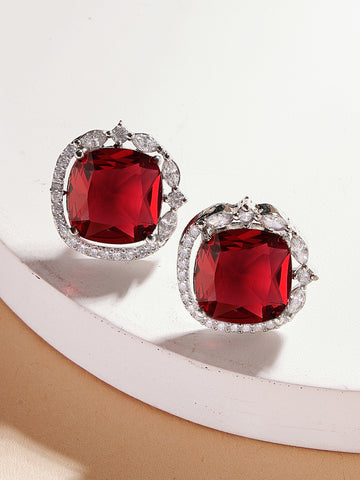 Karatcart Silver Tone Red American Diamond Stud Earrings for Women