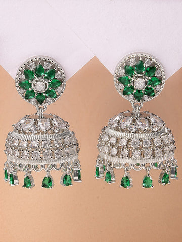 Karatcart Sparkling Silver Plated Green American Diamond Jhumki Earrings for Women