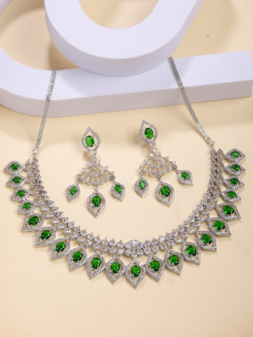 Karatcart Luxurious Green Drop American Diamond Silver Plated Necklace Set for Women