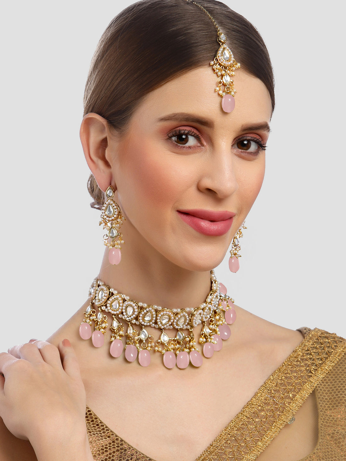 Karatcart Gold Plated Pink Tumble Choker Necklace Set for Women