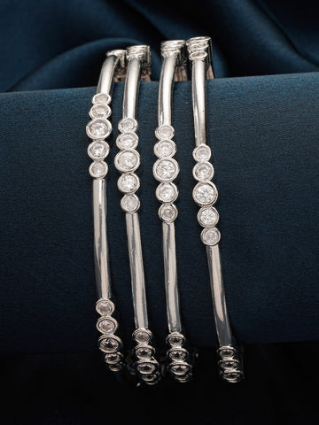 Karatcart Set of 4 Silver Plated Round American Diamond Studded Bangles for Women