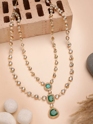 Karatcart Traditional Gold-Plated Green Polki Kundan and Pearl Rani Haar Necklace for Women