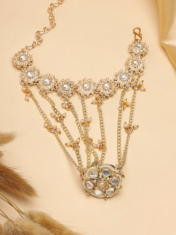 Karatcart Traditional Floral Design Pearl Chain Gold-Plated Kundan Hathphool with Ring for Women