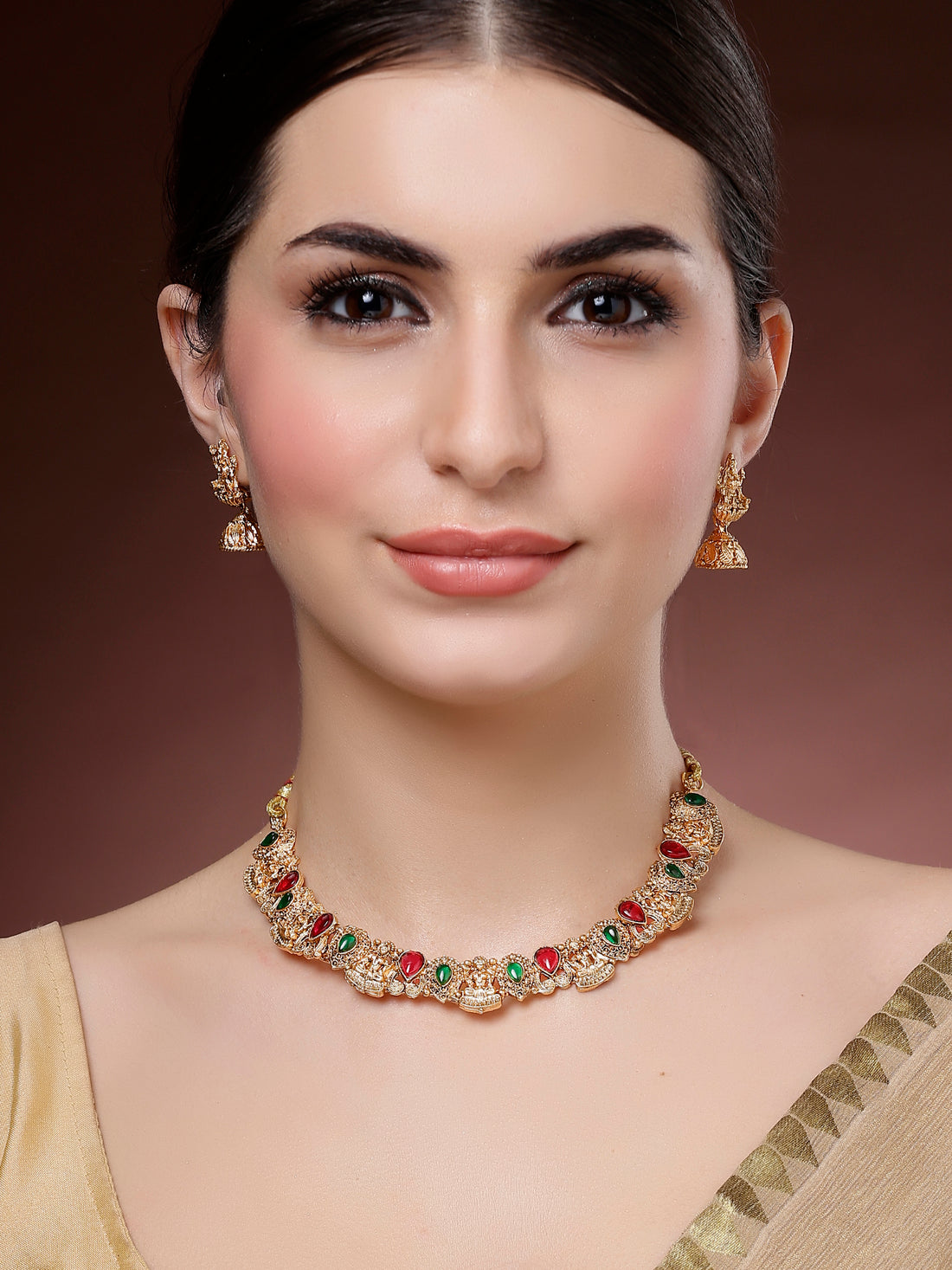 Karatcart Red and Green Stone Laxmi Mata Temple Jewellery Set for Women