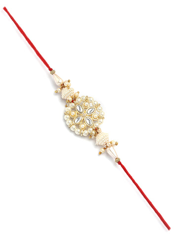 Karatcart Gold Plated Pearl Studded Floral Kundan Bhiya Bhabhi Rakhi with Roli & Chawal