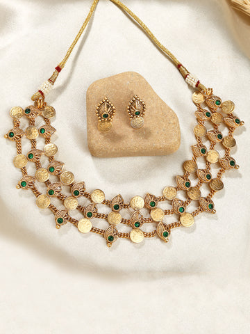 Karatcart Green Stone Gold Plated Laxmi Mata Coin and Shell Design Necklace Set for Women