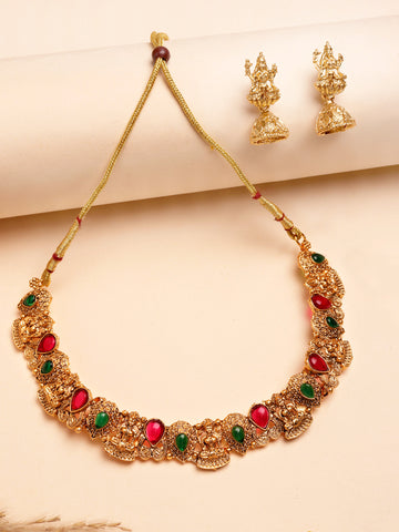Karatcart Red and Green Stone Laxmi Mata Temple Jewellery Set for Women