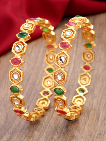 Karatcart Set of 2 Gold Plated Kundan Red and Green Stone Bangles for Women
